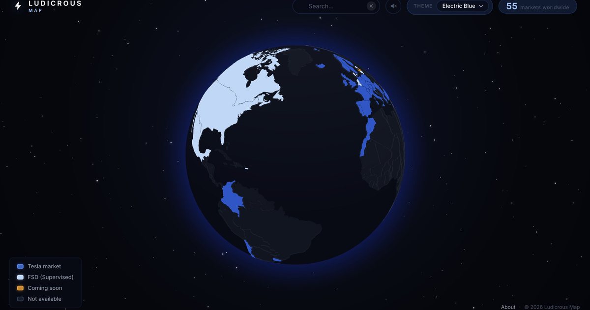 A 3D globe highlighting the countries where Tesla sells cars.