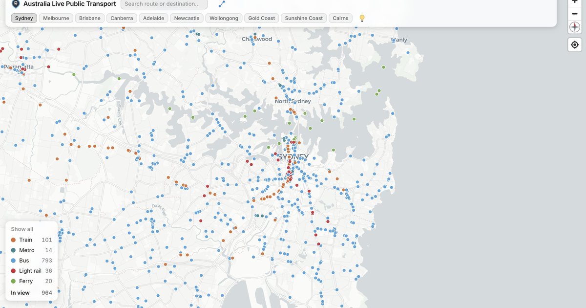 Sydney on the live public transport map, with buses, trains and ferries moving in real time.
